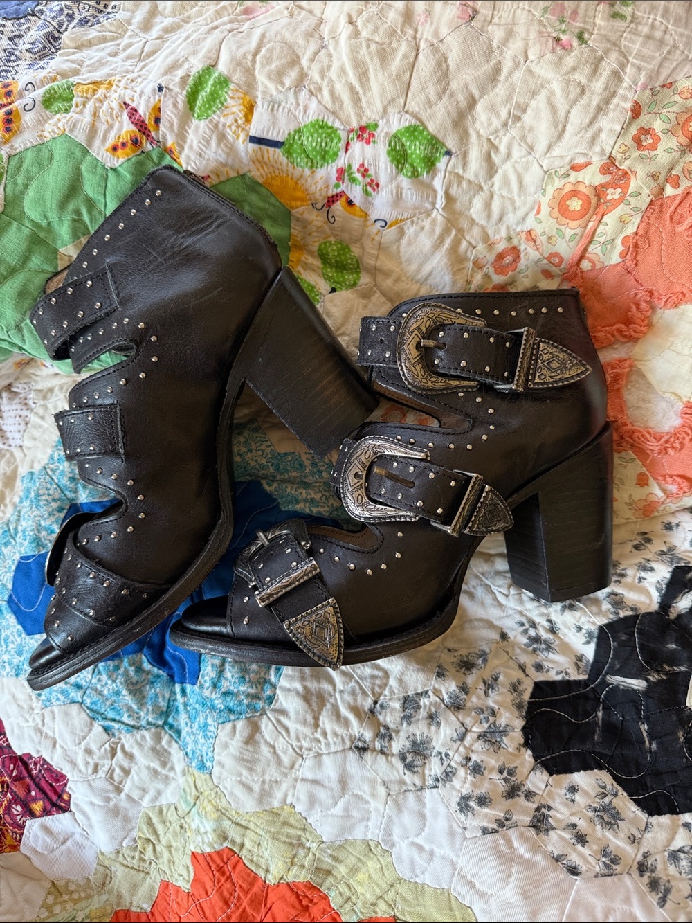 freebird Black Studded Buckle Heeled Boots